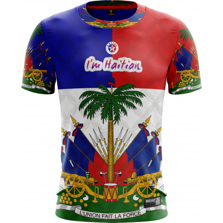 T-shirt Haïti  bleu rouge blanc Unisexe manches courtes